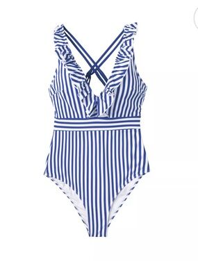 Cupshe Women's V Neck One Piece Swimsuit Ruffled Back Cross Swimwear Blue/White